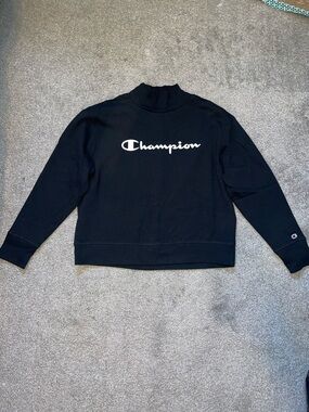 Champion Black Crewneck Mock Neck Sweatshirt with White Script Logo
